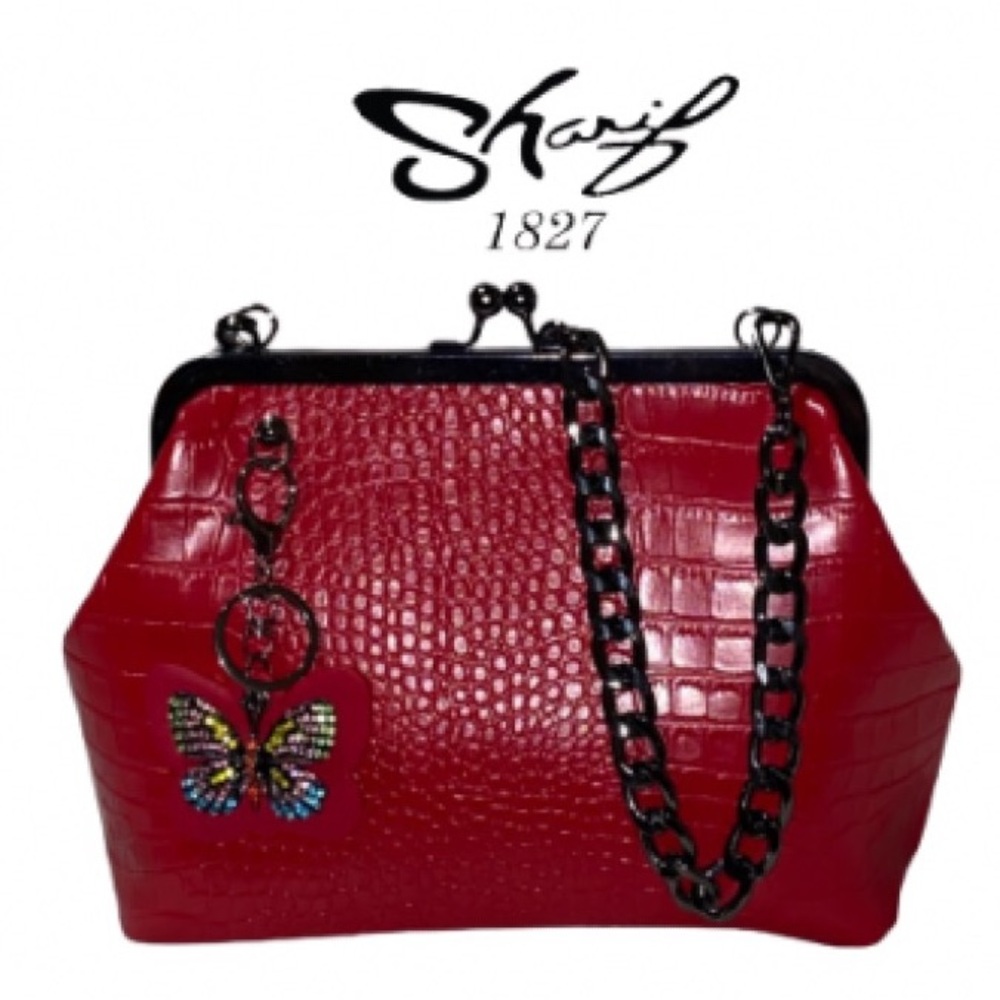Sharif Red Croc-Embossed Frame Top Shoulder Bag with sharif Butterfly Charm NWOT